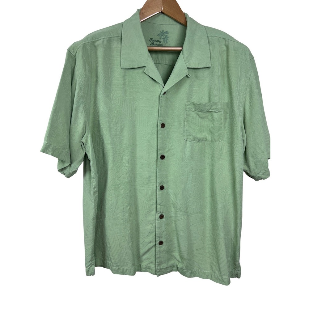 Tommy Bahama Button Up Shirt Mens XL Green Silk Jacquard Palm Leaf Aloha B19